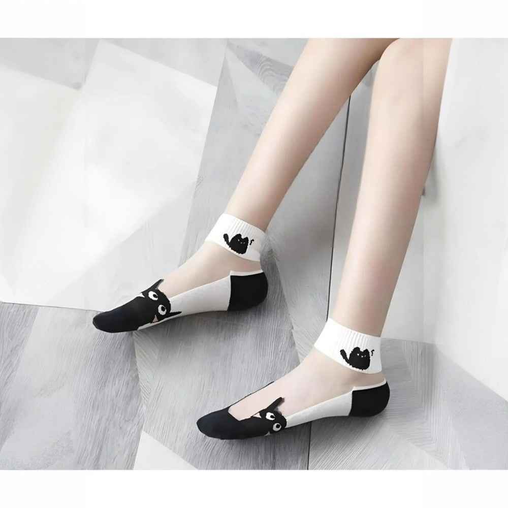 Kadın 5 Çift Karışık Kedi Desenli Tül Çorap Beyaz