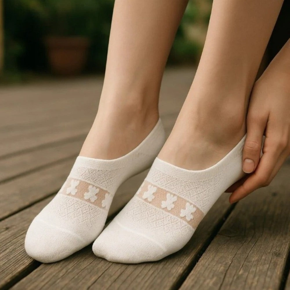 Kadın 5 Çift Premium Kalite Kalp Desenli Tül Çorap Beyaz