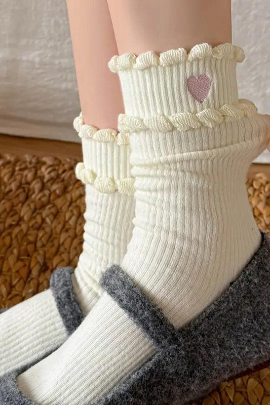 Kadın 5 Çift Premium Kalite Dantel Kalp Desenli Çift Katmanlı Kore Tarzı Soket Çorap