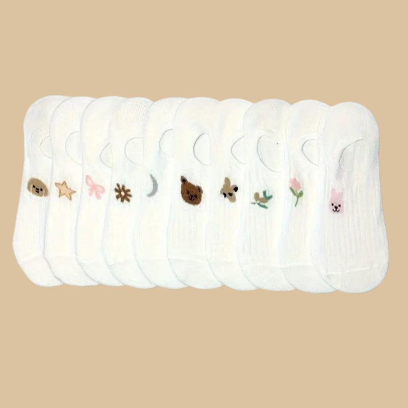 Kadın 10 Çift Premium Çiçek ve Hayvan Desenli Görünmez Babet Çorap Şeker Beyazı