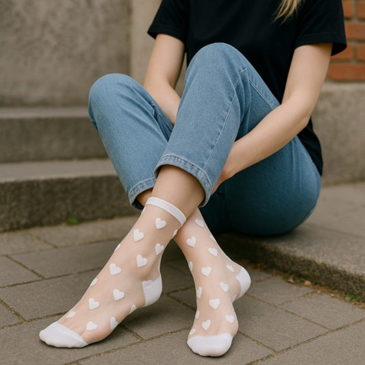 Kadın 2 Çift Premium Kalite Mini Kalp Desenli Tül Çorap Siyah Beyaz