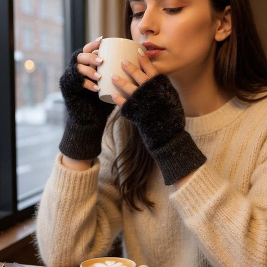 Kadın 1 Çift Kışlık Parmaksız Termal Esnek Polarlı Peluş Eldiven Siyah