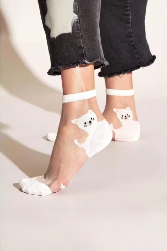 Kadın 3 Çift Premium Kalite Sevimli Kedi Desenli Tül Çorap Karışık Renkli