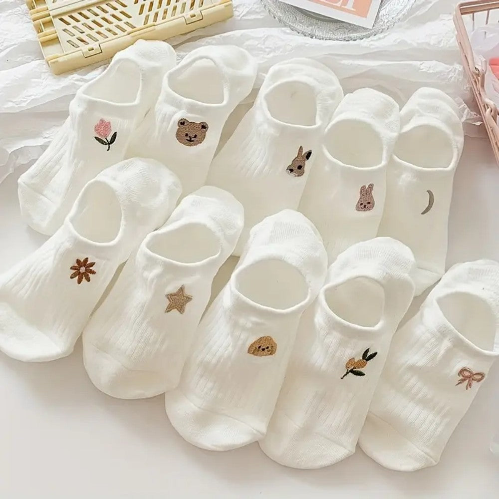 Kadın 10 Çift Premium Çiçek ve Hayvan Desenli Görünmez Babet Çorap Şeker Beyazı