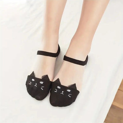 Kadın 3 Çift Premium Kalite Kedi Desenli Tül Şeffaf Çorap Siyah