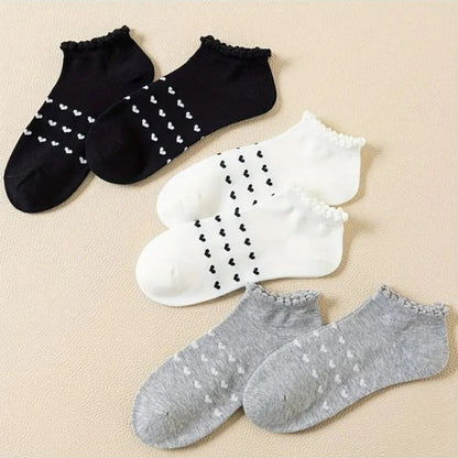 Kadın 3 Çift Premium Kalite Kalp Desenli Volanlı Patik Karışık Renkli