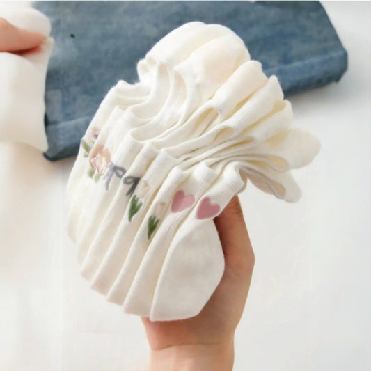 Kadın 5 Çift Premium Fiyonk Çiçek ve Kalp Desenli Babet Çorap Seker Beyazı