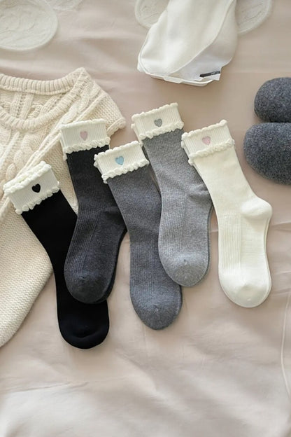 Kadın 5 Çift Premium Kalite Dantel Kalp Desenli Çift Katmanlı Kore Tarzı Soket Çorap