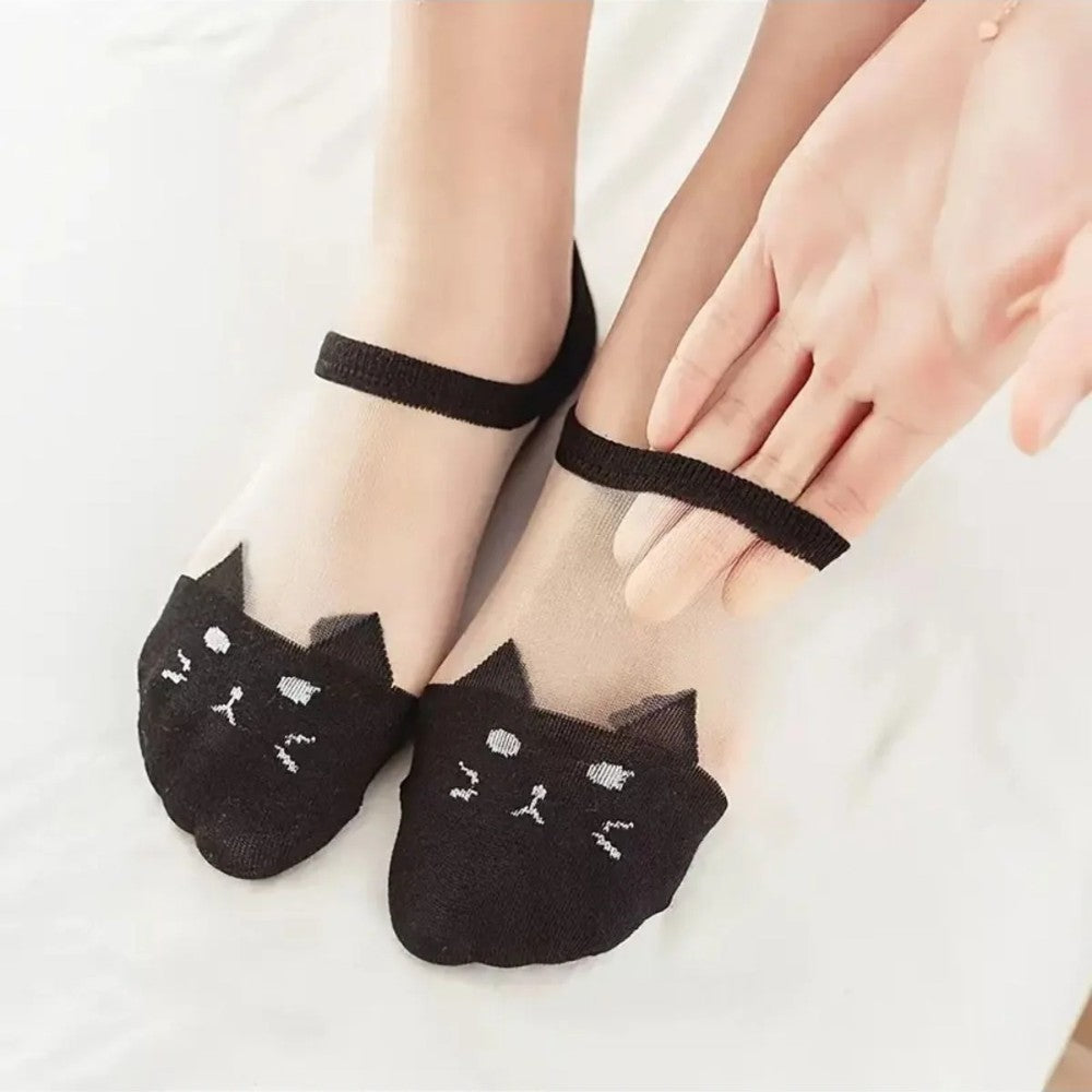 Kadın 3 Çift Premium Kalite Kedi Desenli Tül Şeffaf Çorap Siyah
