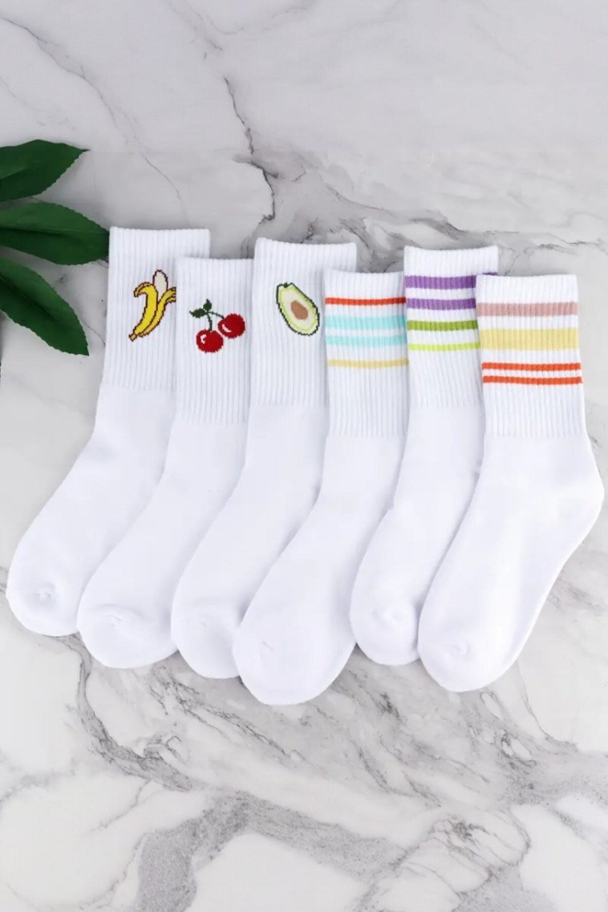 Kadın 6 Çift Premium Kalite Renkli Çizgili ve Meyve Desenli Nefes Alabilen Tenis Çorabı