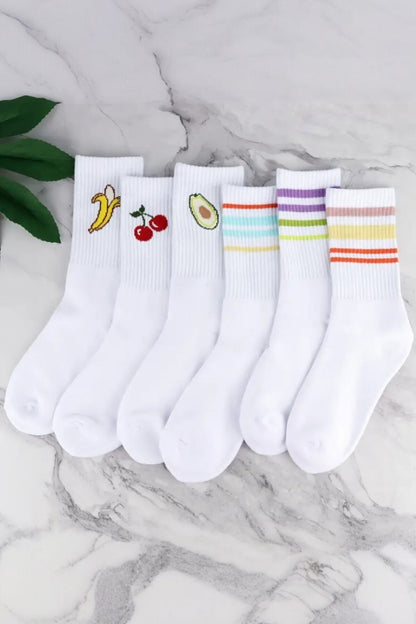 Kadın 6 Çift Premium Kalite Renkli Çizgili ve Meyve Desenli Nefes Alabilen Tenis Çorabı