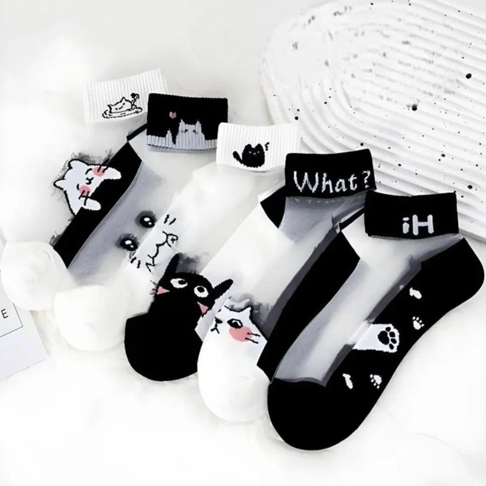 Kadın 5 Çift Karışık Kedi Desenli Tül Çorap Beyaz