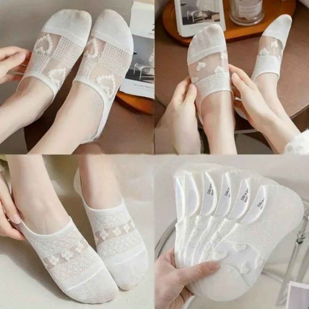 Kadın 5 Çift Premium Kalite Kalp Desenli Tül Çorap Beyaz