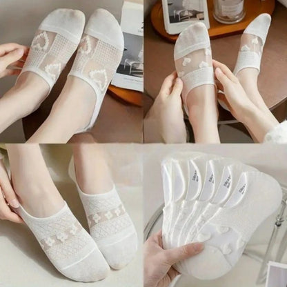 Kadın 5 Çift Premium Kalite Kalp Desenli Tül Çorap Beyaz