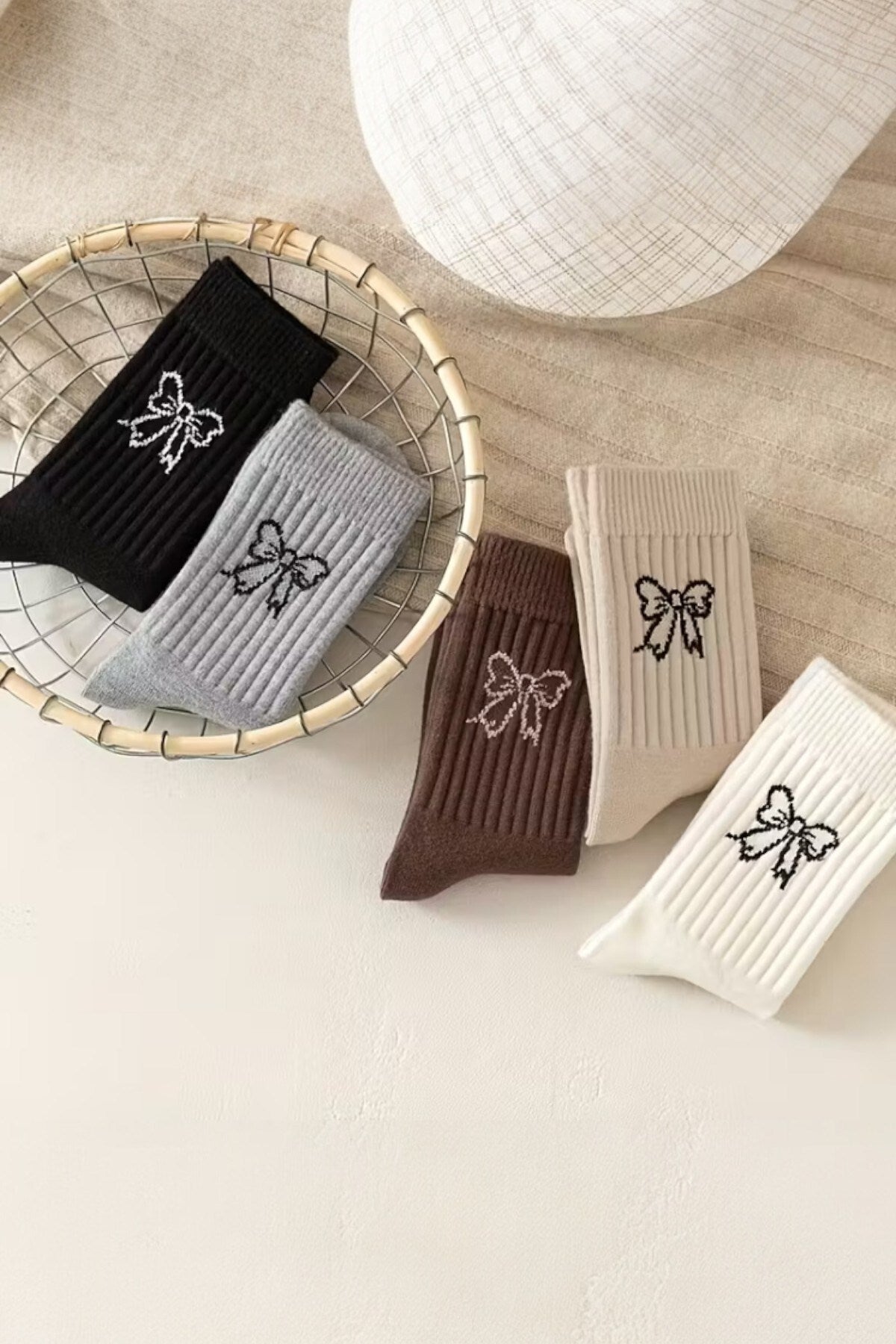 Kadın 5 Çift Premium Kalite Kurdele Desenli Günlük Kullanıma Uygun Kolej Çorap