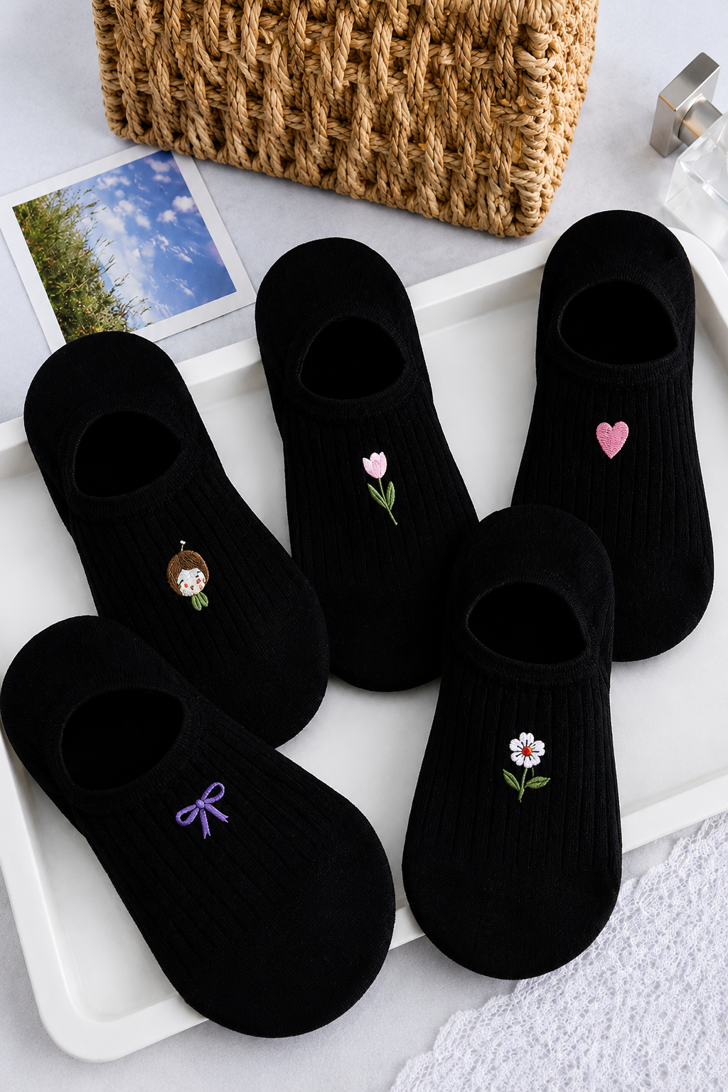 Hitit Socks Kadın 5 Çift Fiyonk ve Çiçek Desenli Görünmez Babet Çorap