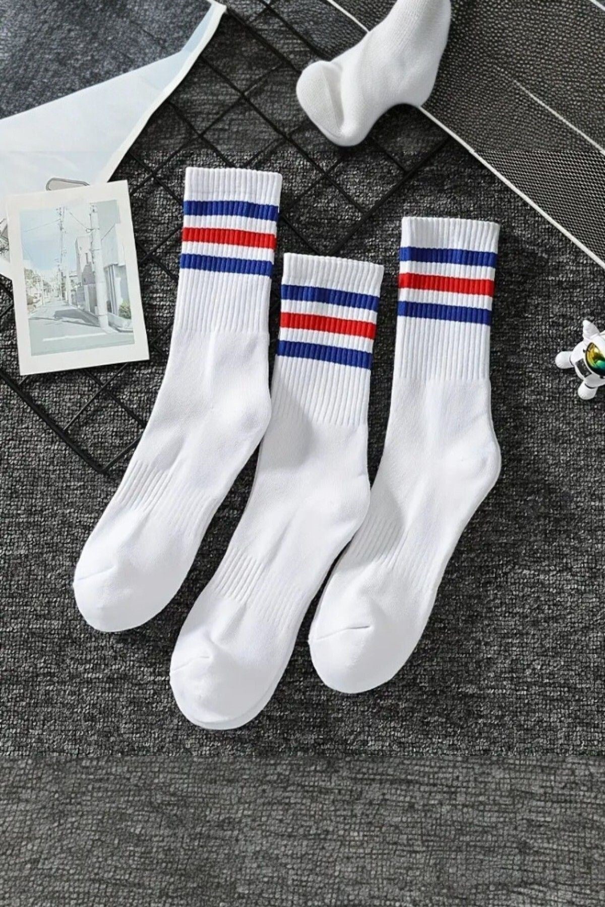 Unisex 3 Çift Premium Kalite Yüksek Pamuklu Kolej Çorap Mavi Kırmızı Çizgili