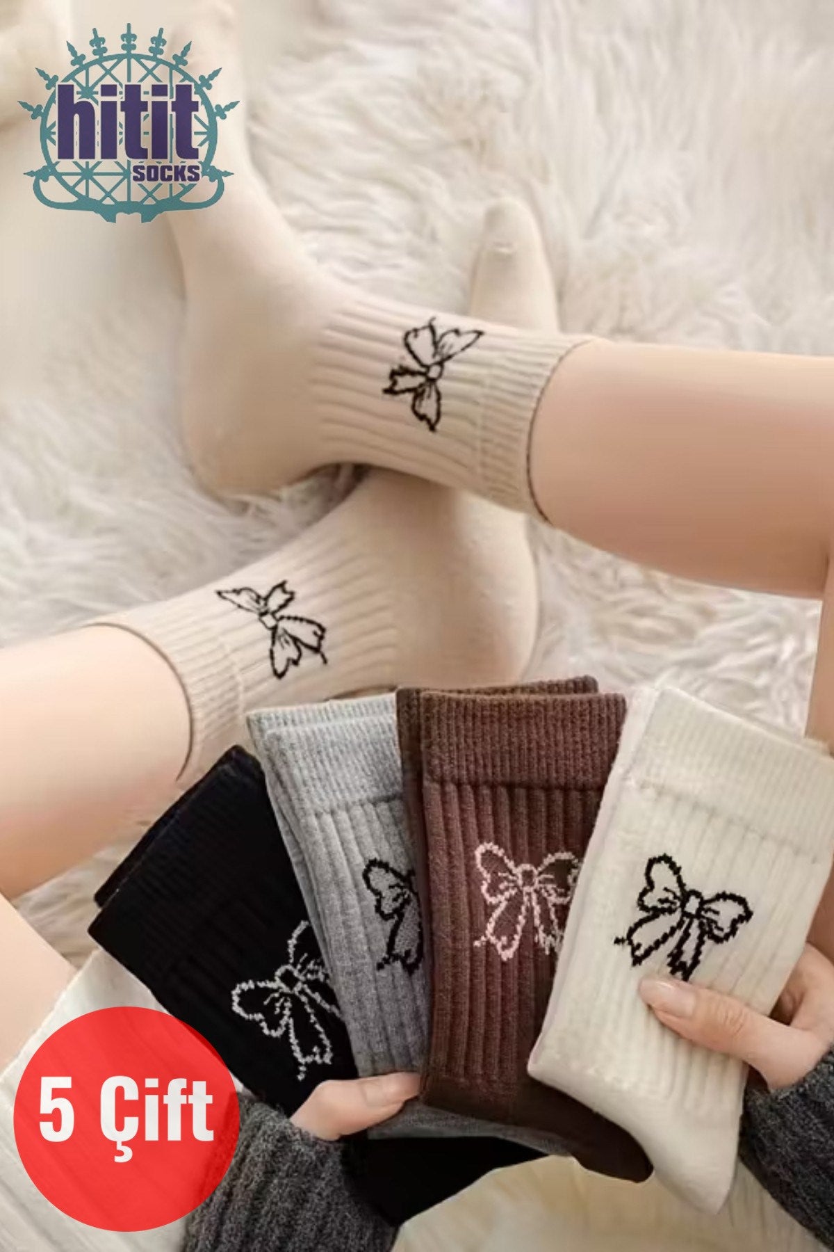 Kadın 5 Çift Premium Kalite Kurdele Desenli Günlük Kullanıma Uygun Kolej Çorap