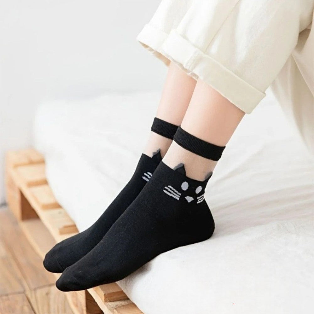 Kadın 4 Çift Premium Kalite Kedili Tül Patik Çorap