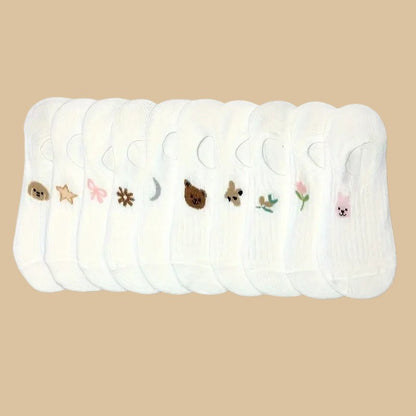 Kadın 10 Çift Premium Çiçek ve Hayvan Desenli Görünmez Babet Çorap Şeker Beyazı