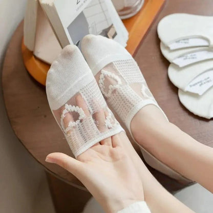 Kadın 5 Çift Premium Kalite Kalp Desenli Tül Çorap Beyaz