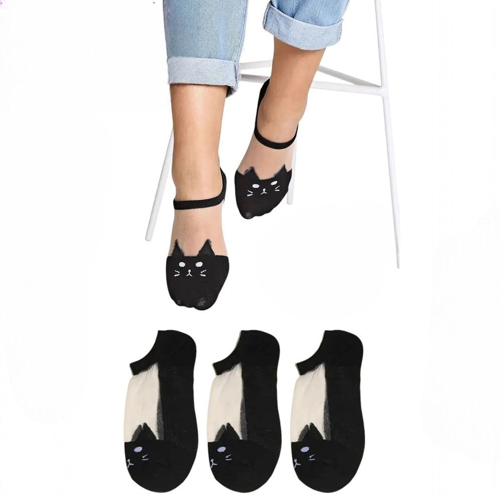 Kadın 3 Çift Premium Kalite Kedi Desenli Tül Şeffaf Çorap Siyah