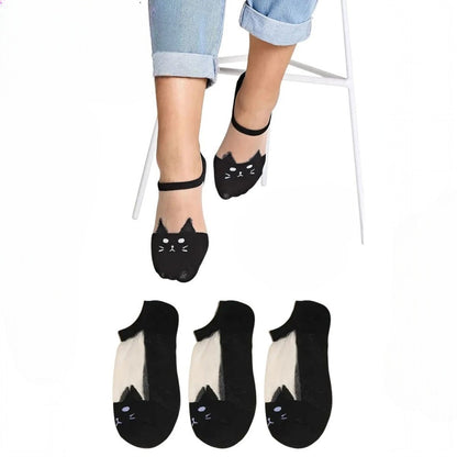 Kadın 3 Çift Premium Kalite Kedi Desenli Tül Şeffaf Çorap Siyah