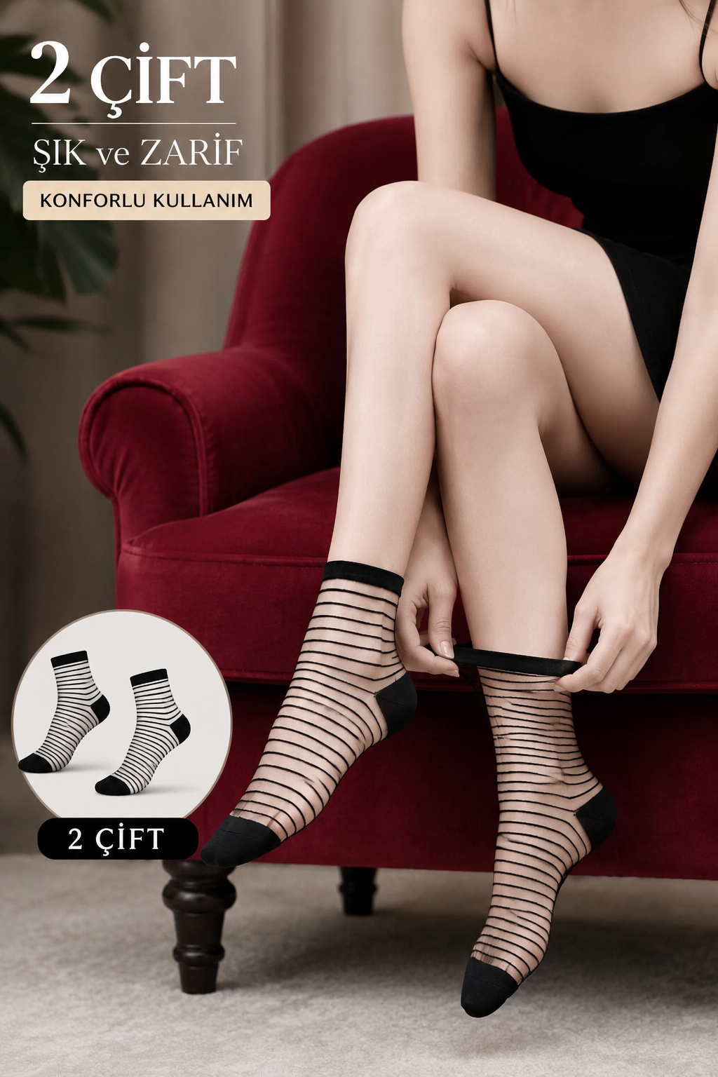 Hitit Socks Kadın  2 Çift Çizgi Desenli Şeffaf Tül Çorap Siyah