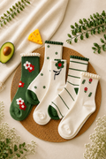 Hitit Socks Kadın 5 Çift Premium Kalite Çiçek ve Çizgi Desenli Kolej Çorap Yeşil