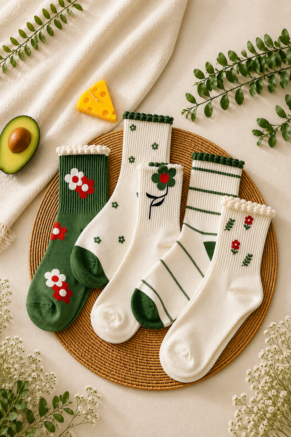 Hitit Socks Kadın 5 Çift Premium Kalite Çiçek ve Çizgi Desenli Kolej Çorap Yeşil