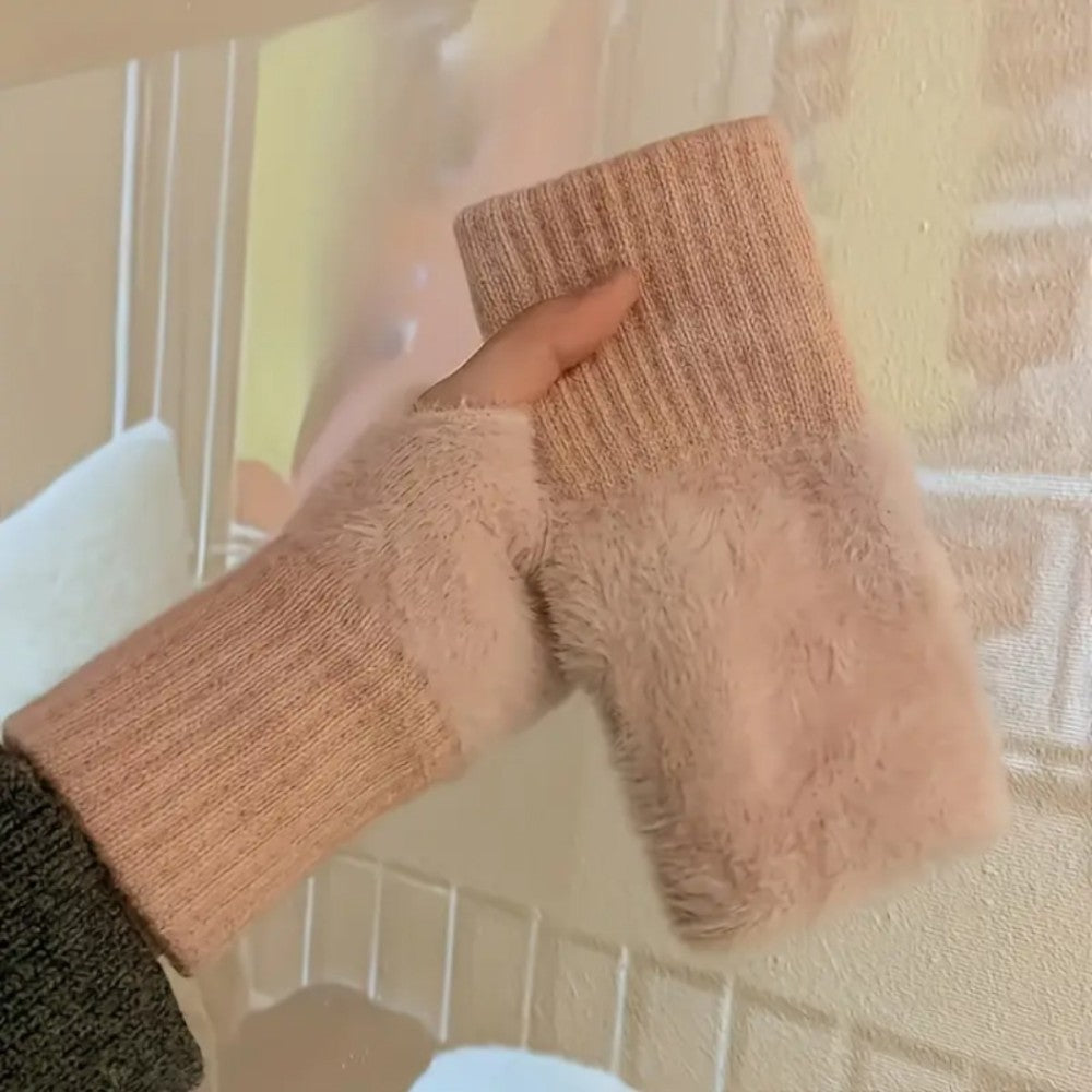 Kadın 1 Çift Kışlık Parmaksız Termal Esnek Polarlı Peluş Eldiven Açık Kahve