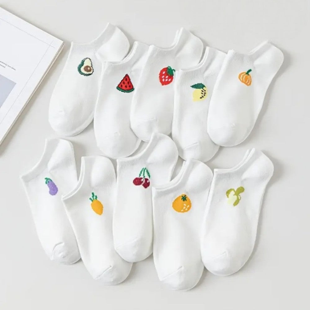 Kadın 10 Çift Premium Kalite Pamuklu Meyve Desenli Babet Çorap