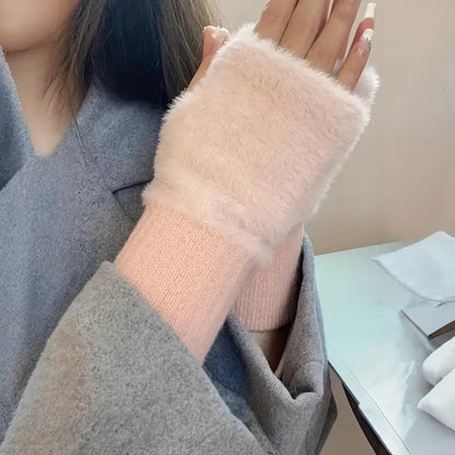 Kadın 1 Çift Kışlık Parmaksız Termal Esnek Polarlı Peluş Eldiven Pembe