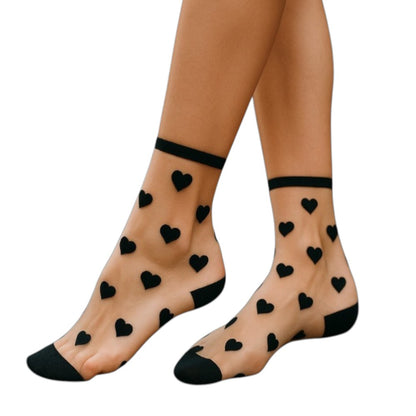 Kadın 2 Çift Premium Kalite Mini Kalp Desenli Tül Çorap Siyah Beyaz